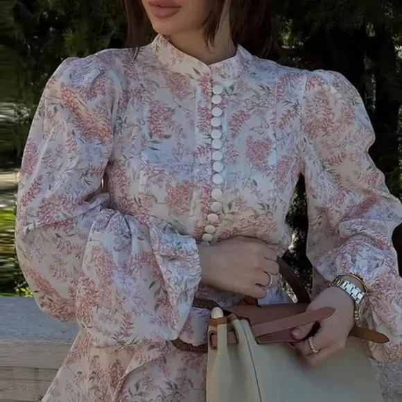 Printed Belt Women' Dresses Stand CollarSingle Breasted Puff Sleeve Mini Dress